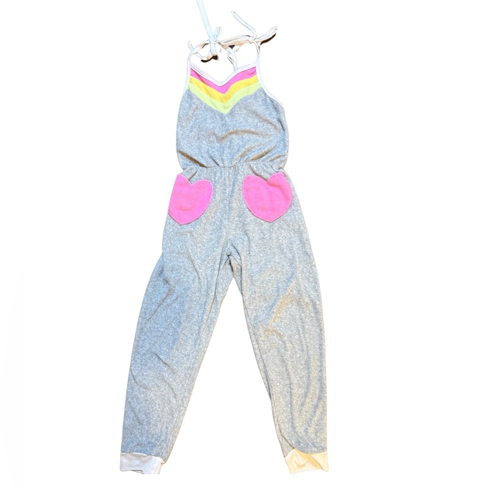 Miki Miette Girls Grey Jumpsuit with pink heart pockets SZ 7 like new condition